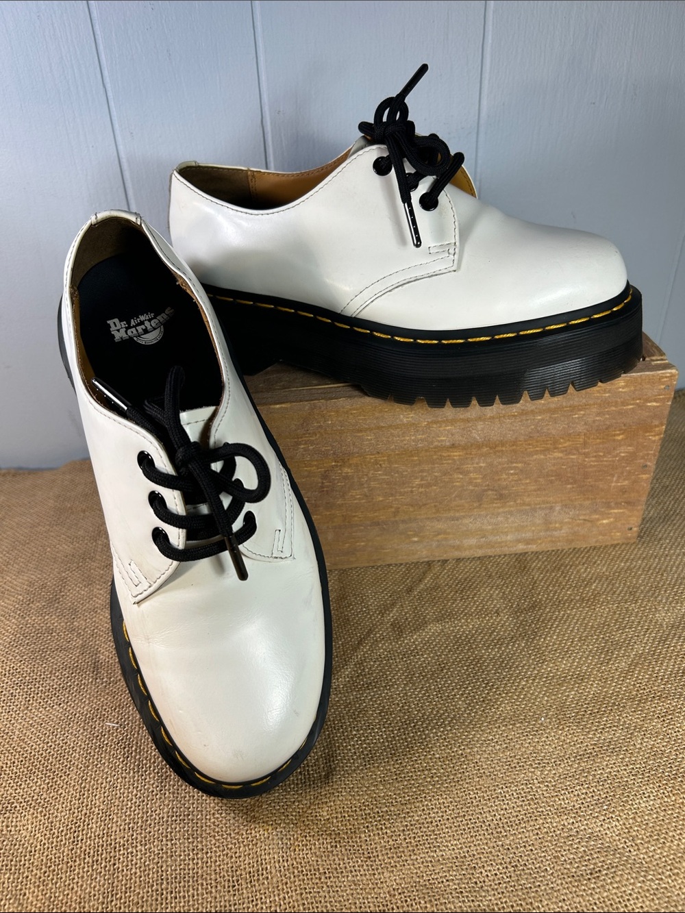 Dr. Martens 1461 White Smooth Leather Lace-Up Platform Oxfords with Black Sole